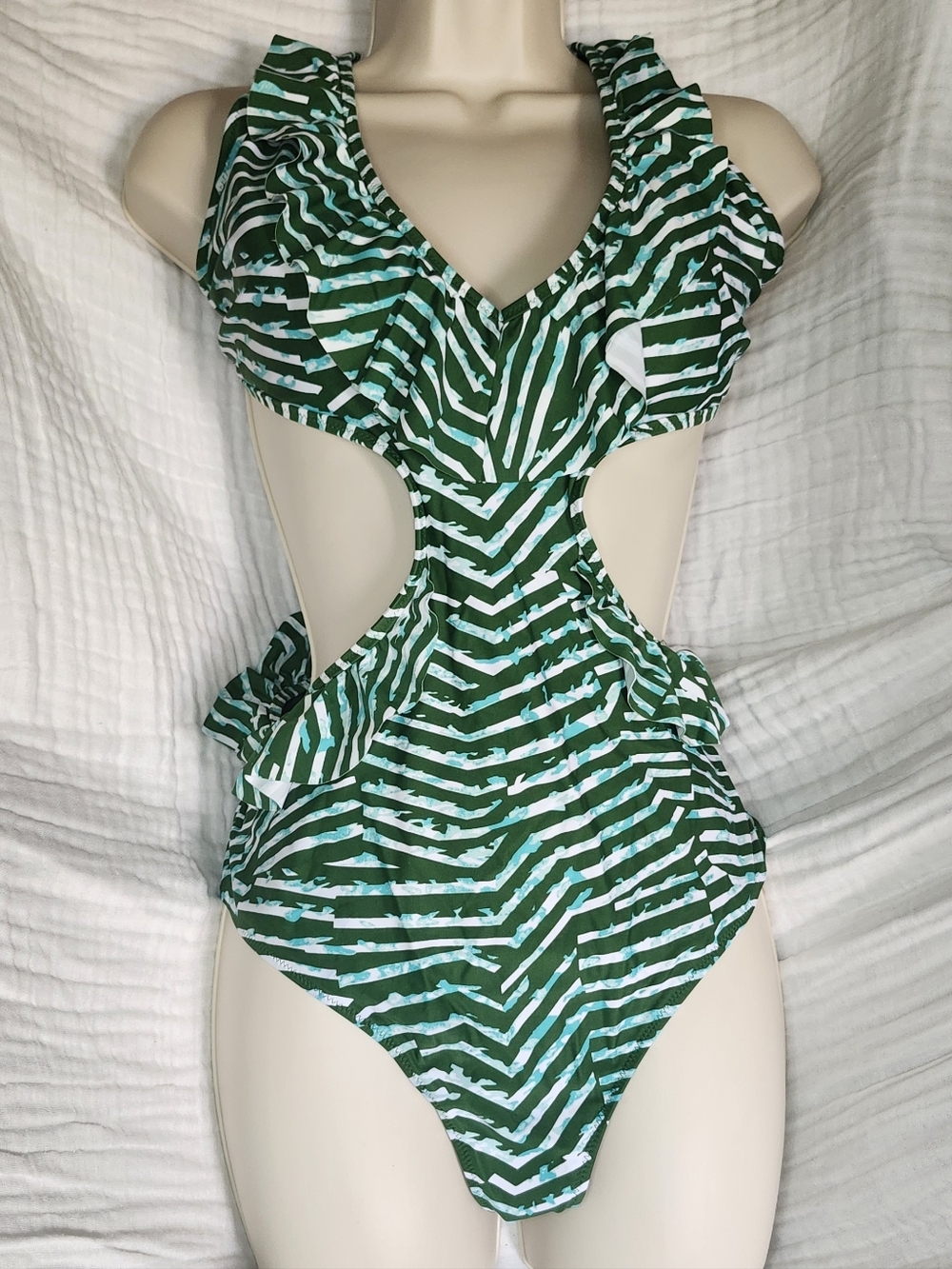aerie Size XL Women's Green White Striped Ruffle Cutout One-Piece Swimsuit